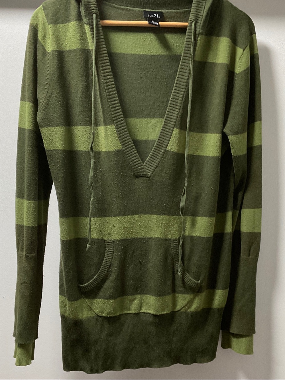 Green Striped V-Neck Hoodie Sweater